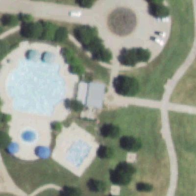 Aerial view of Heartland Park (Pool, Lake, Trail, Picnic, Sports)