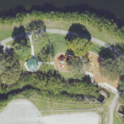 Aerial view of Highland Oaks Park Playground and Picnic Tables