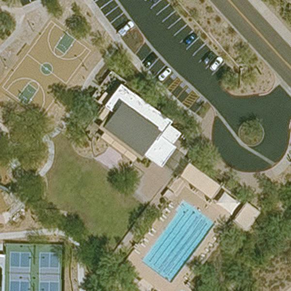 Aerial view of McDowell Mountain Ranch Community Center Park and Pool