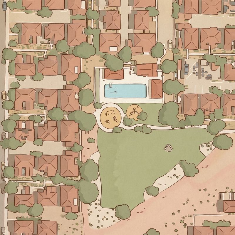 Illustrated map of Cottages Park HOA Outdoor Fitness Stations at Casa Del Rey at Camino á Lago