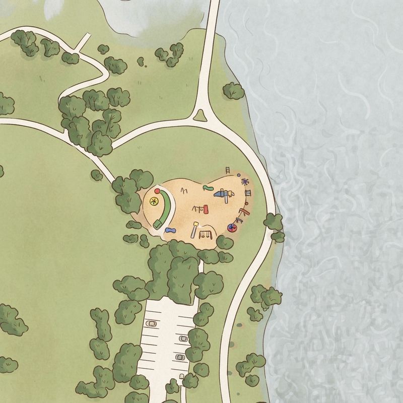 Illustrated map of Heartland Park (Pool, Lake, Trail, Picnic, Sports)