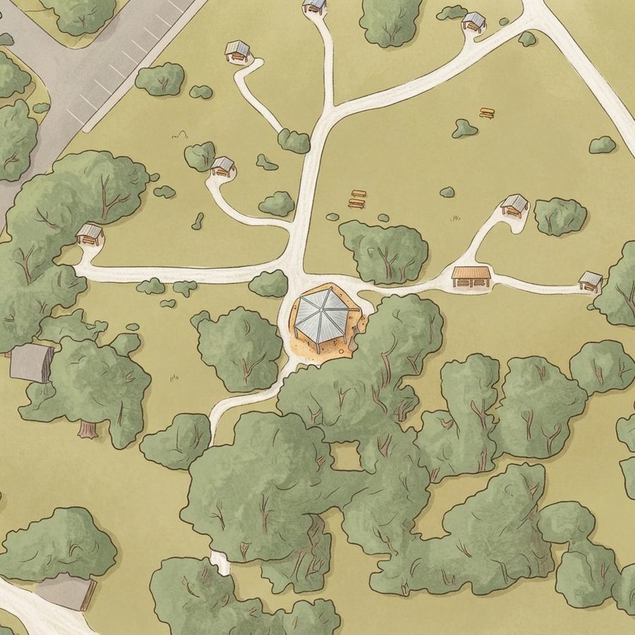 Illustrated map of McGimsey Scout Park Cub Pavilion