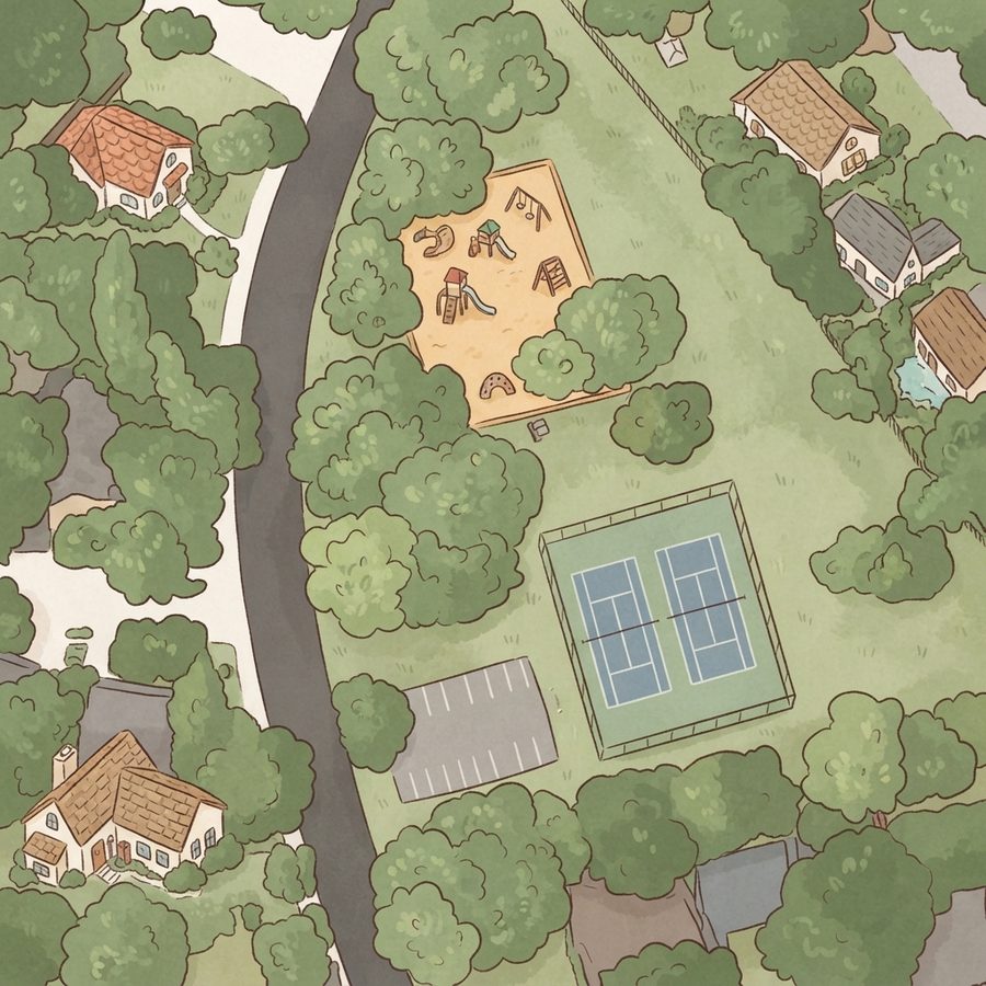 Illustrated map of Oak Meadow Playground & Tennis Courts and pool