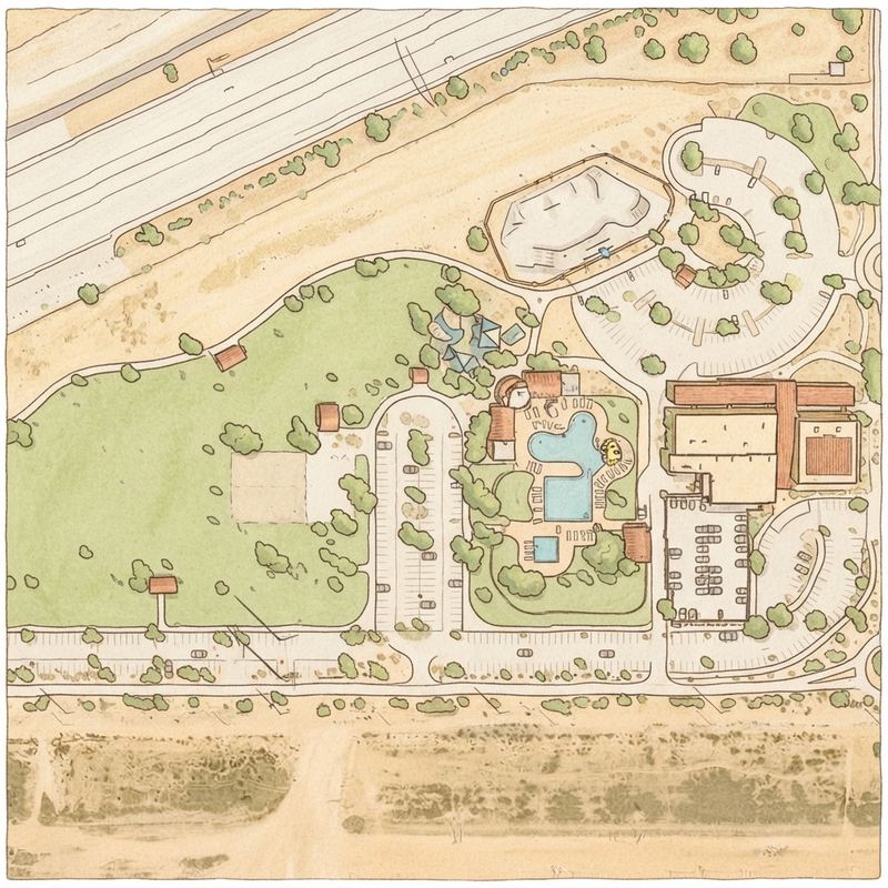 Illustrated map of Pecos Park Splash Pad