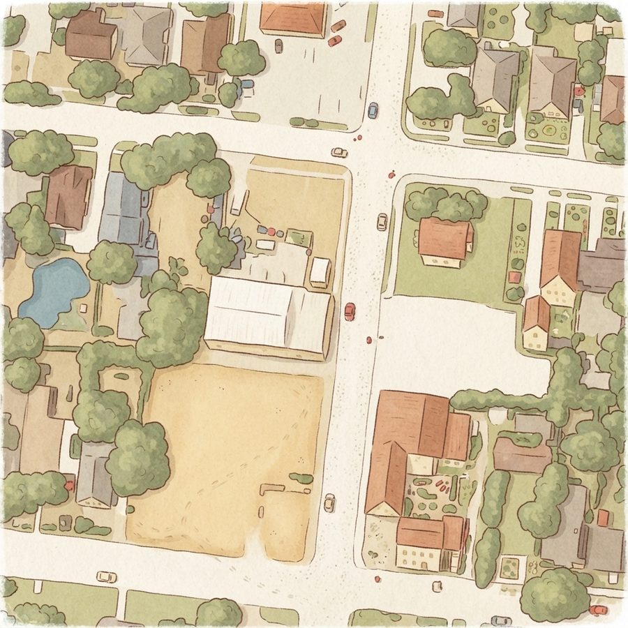 Illustrated map of Place with lots of fun and big toys