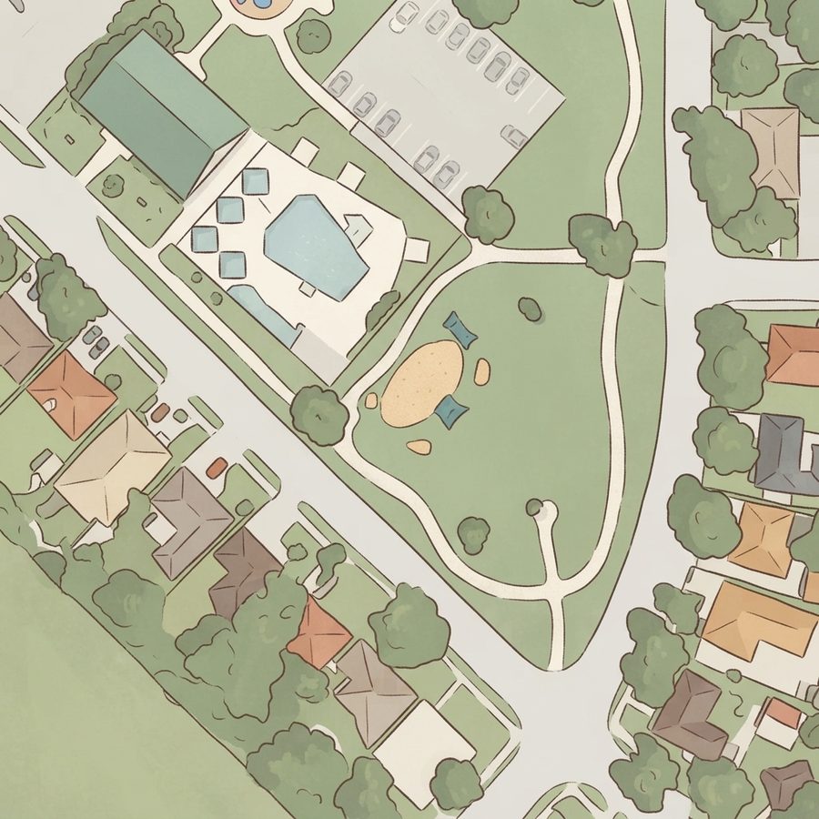 Illustrated map of Red Bluff Park Splash Pad
