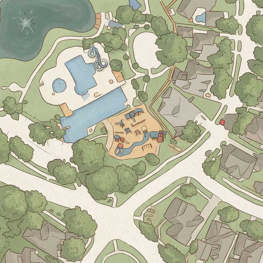 Illustrated map of River Park Splash Pad